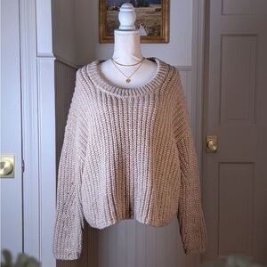 Aerie Oversized Chunky Knit Sweater Beige Tan Size L Cozy Crewneck